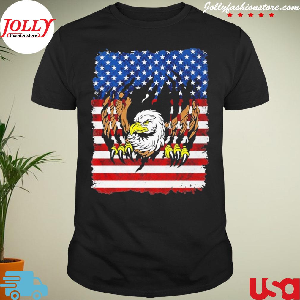 Bald eagle tearing American flag shirt