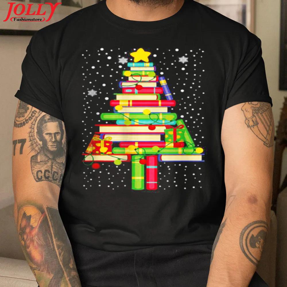 Books christmas tree xmas librarian book lovers pajama official shirt