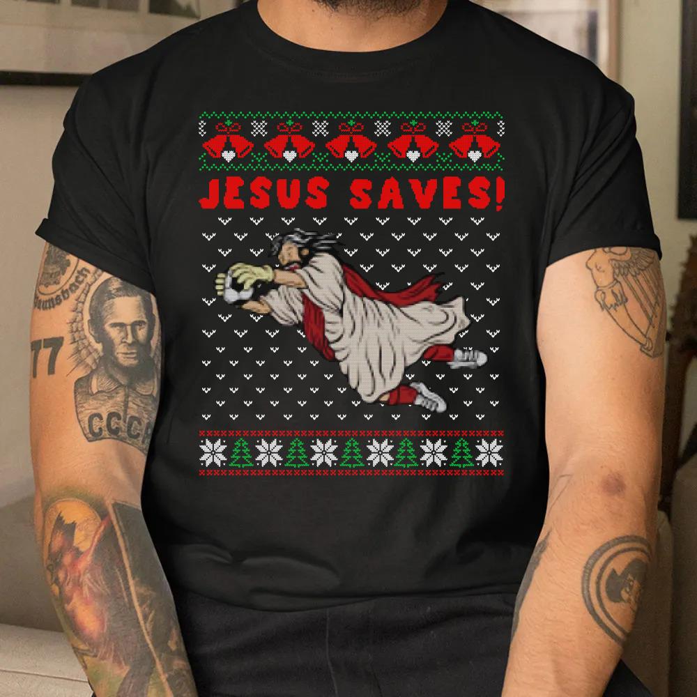 Jesus saves soccer goal keeper 2022 Ugly Christmas sweater