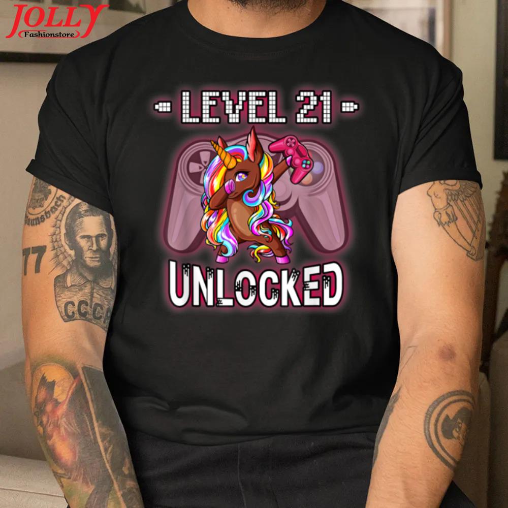 Level 21 unlocked dabbing brown unicorn gamer 21st birthday 2022 shirt