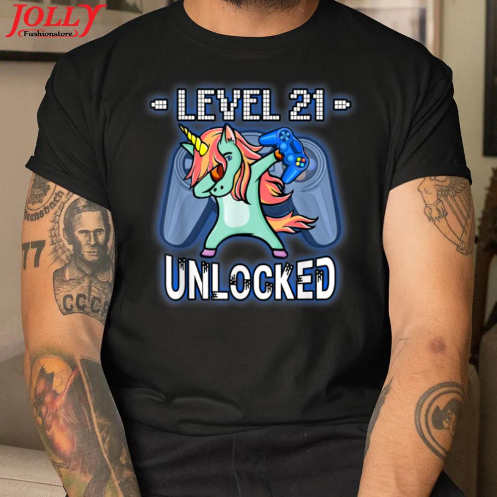 Level 21 unlocked funny dabbing unicorn gamer 21st birthday 2022 shirt