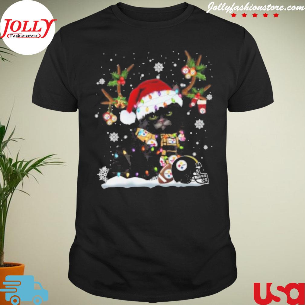 Black cat santa Pittsburgh Steelers Christmas shirt