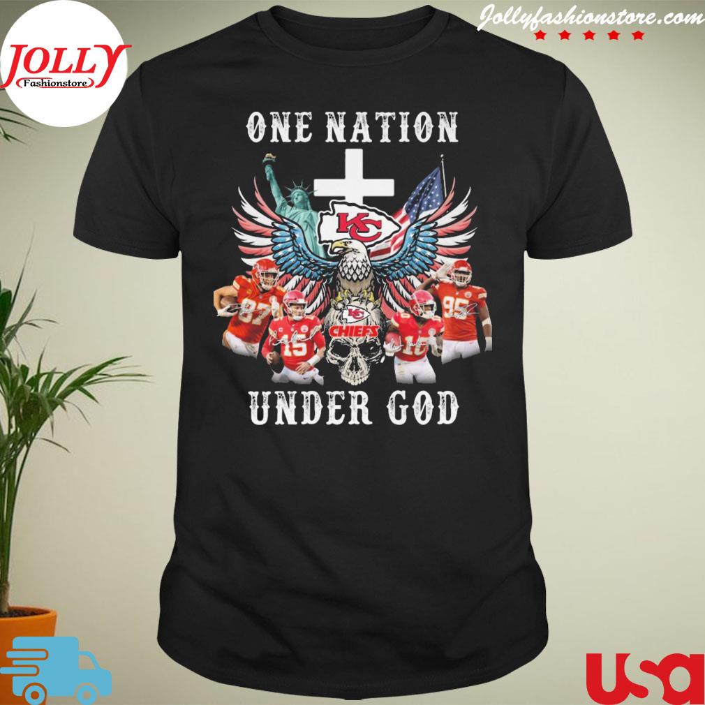 Kansas city Chiefs eagles one nation under god skull American flag signatures T-shirt