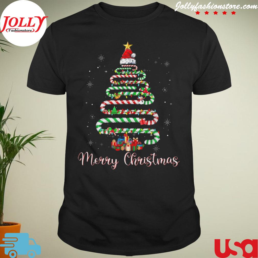 Merry Christmas candy cane tree lights santa hat family xmas shirt