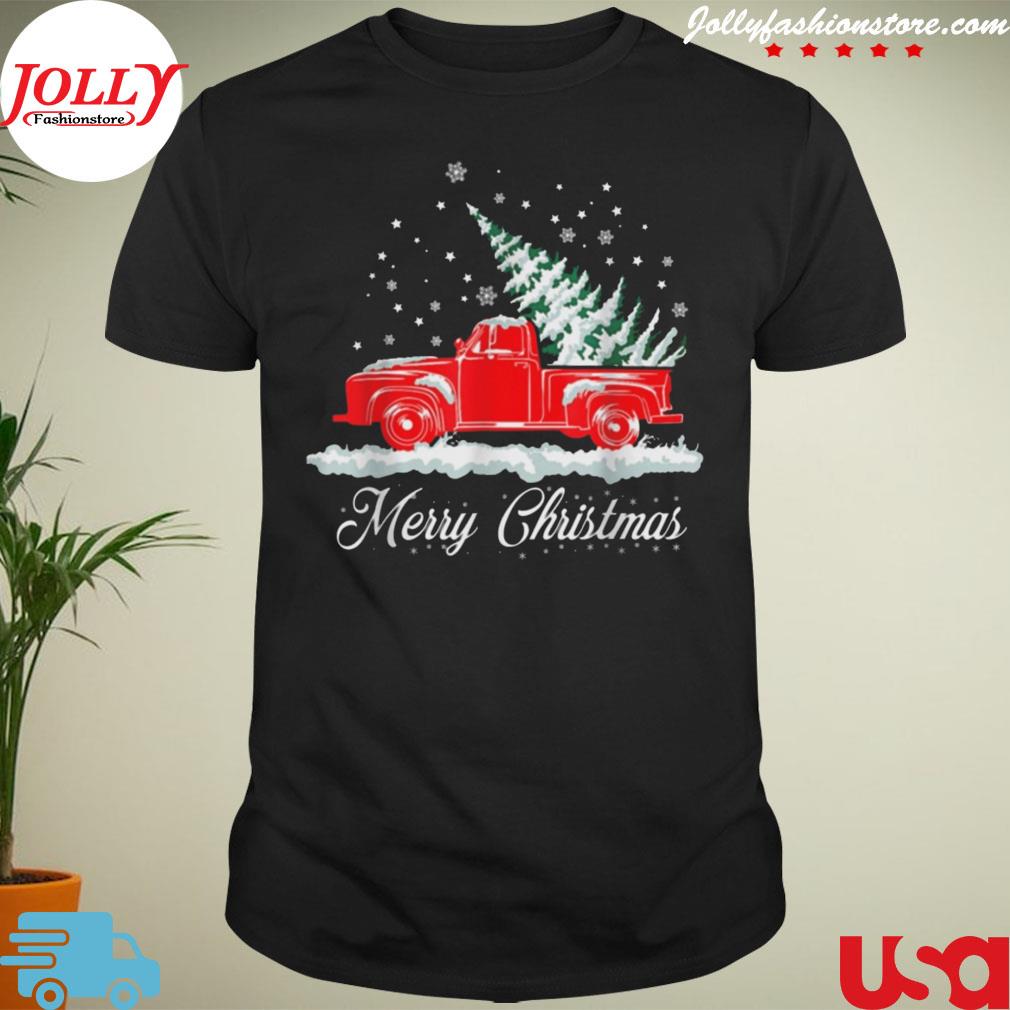 Merry Christmas classic old red truck pick up xmas tree shirt