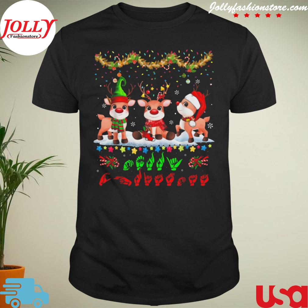 Merry Christmas hands sign language three santa reindeers shirt