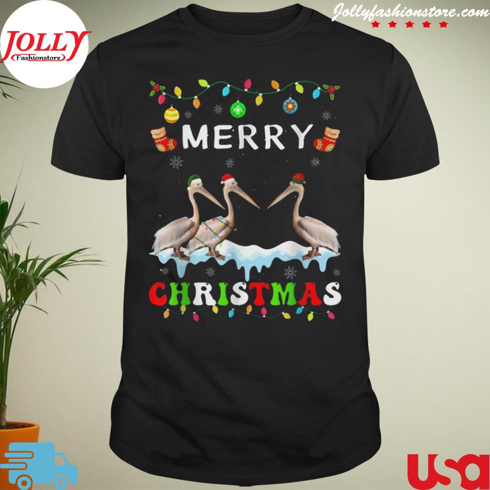 Merry Christmas pelican santa hat lights xmas kids men women shirt