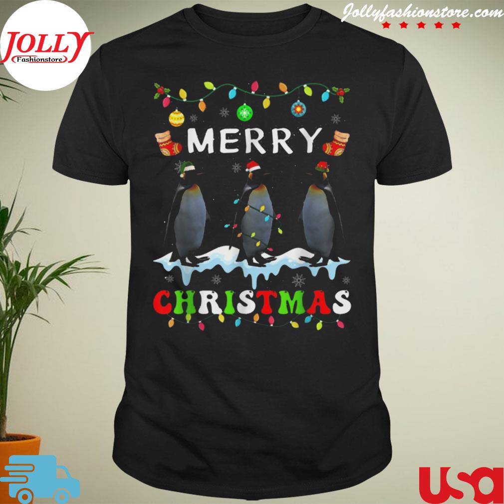 Merry Christmas penguin santa hat lights xmas kids men women shirt