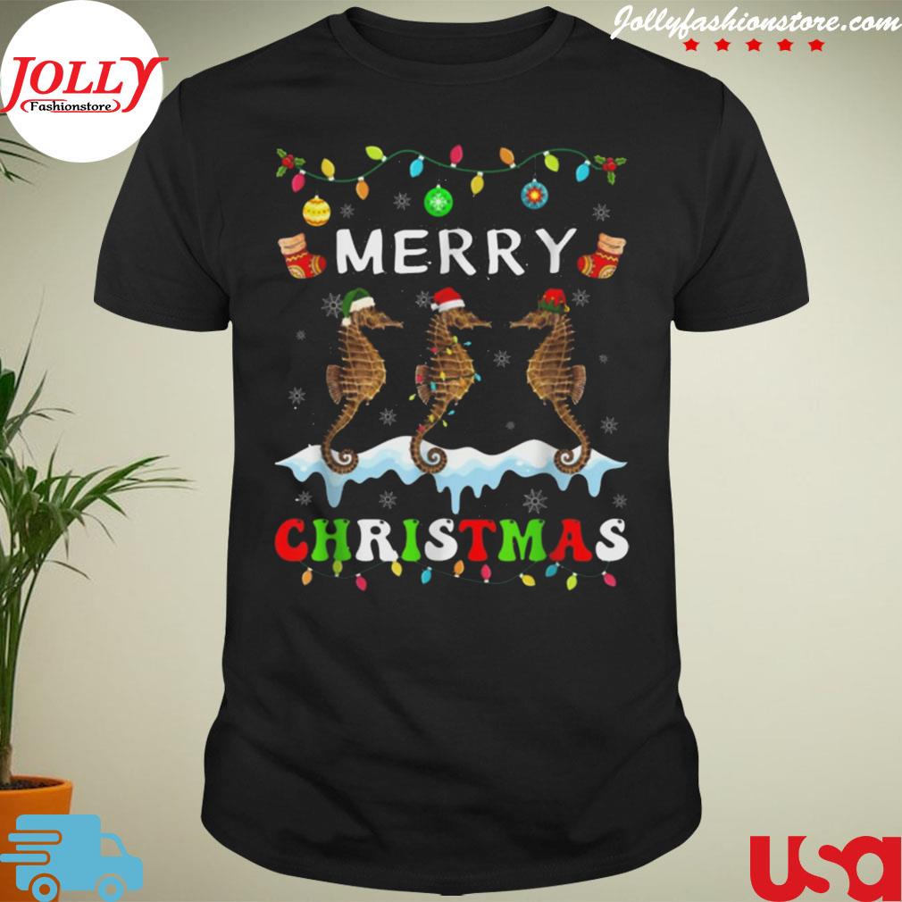 Merry Christmas seahorse santa hat lights xmas men women shirt