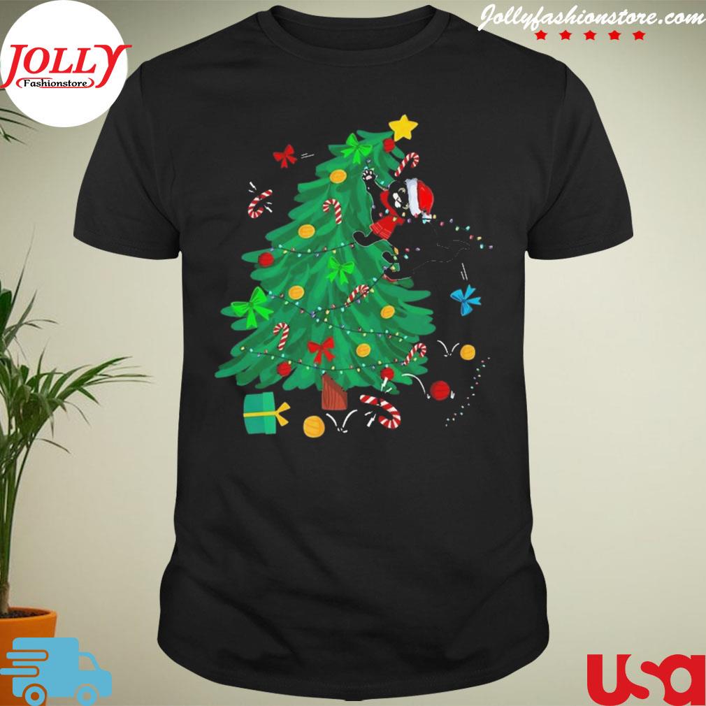 Santa claus black cat xmas tree merry shirt