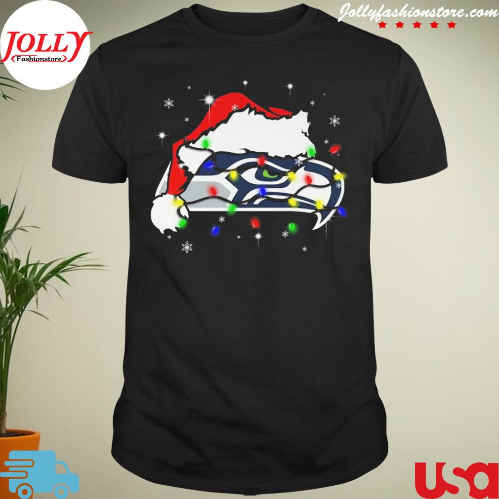 Santa Seattle Seahawks lights merry Christmas logo T-shirt