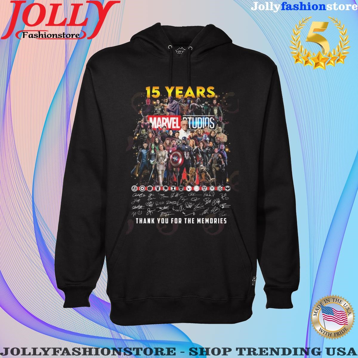 15 years Marvel studios avengers thank you for the memories signatures Hoodie shirt.png